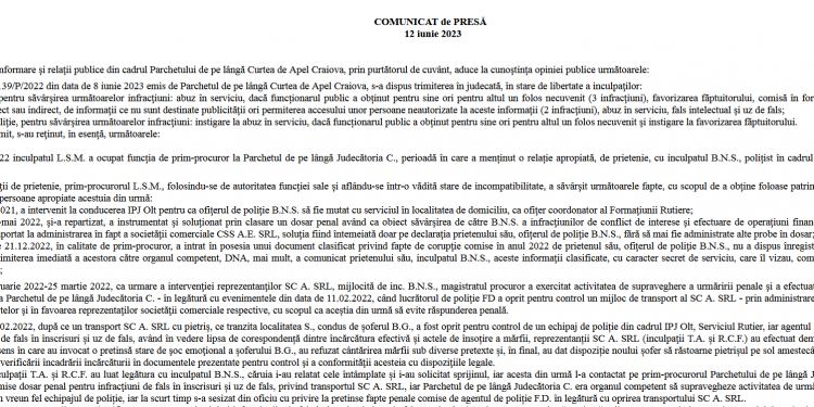 PARCHETUL DE PE LÂNGĂ CA/CRAIOVA: COMUNICAT OFICIAL TRIMITERE ÎN JUDECATĂ PROCURORUL PJ CORABIA/SORIN LIA/POLIȚIST SORIN BULINTIȘ/ ADMINISTATOR ȘI ANGAJAȚI ADRILEX SRL